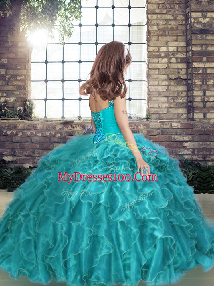 Enchanting Blue Sleeveless Organza Lace Up Little Girls Pageant Gowns for Party and Wedding Party