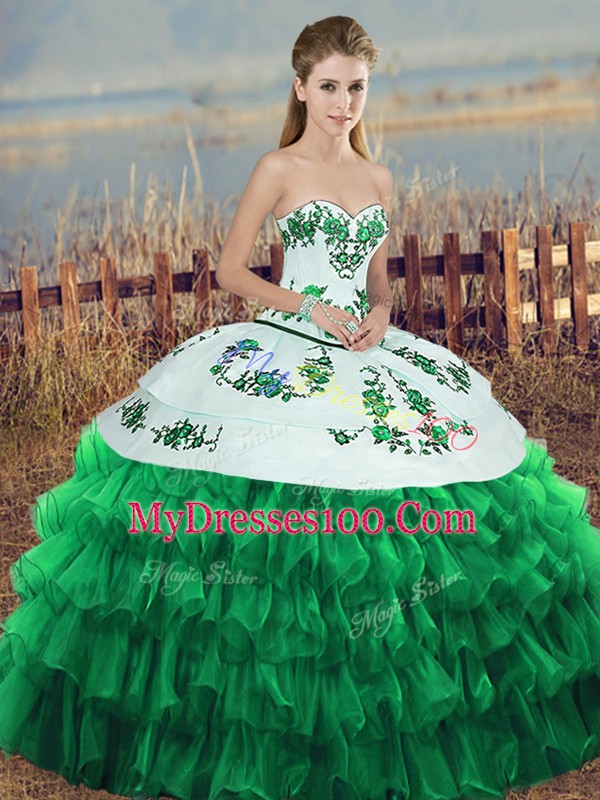 Best Sweetheart Sleeveless Organza Quinceanera Dress Embroidery and Ruffled Layers and Bowknot Lace Up