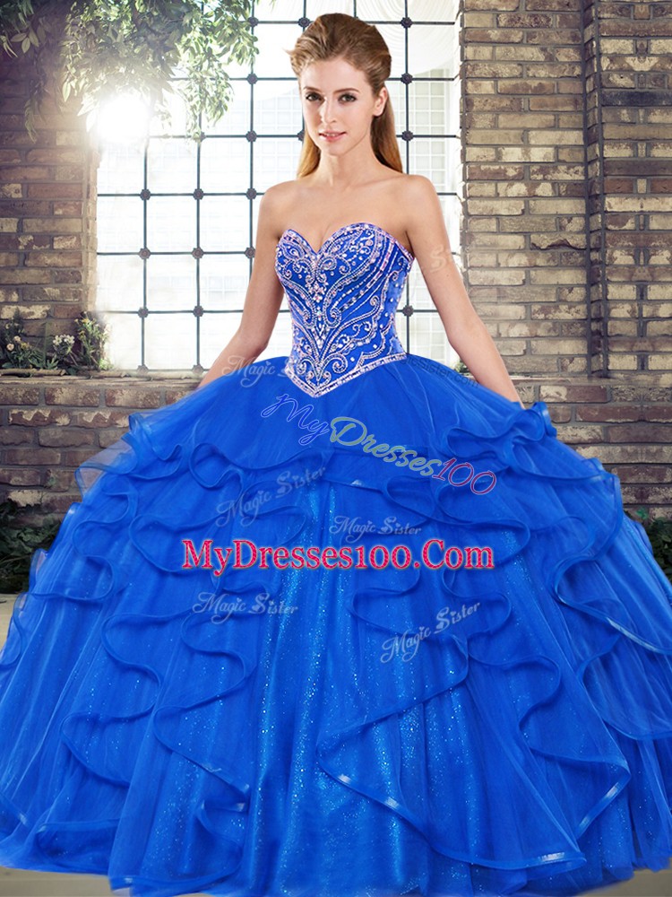 Affordable Sweetheart Sleeveless Lace Up Quinceanera Gowns Royal Blue Tulle