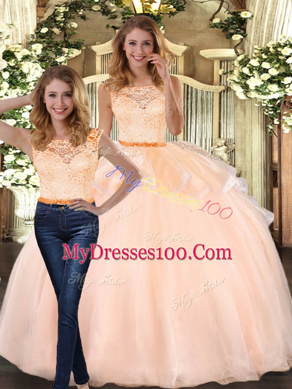Floor Length Peach Sweet 16 Dresses Organza Sleeveless Lace