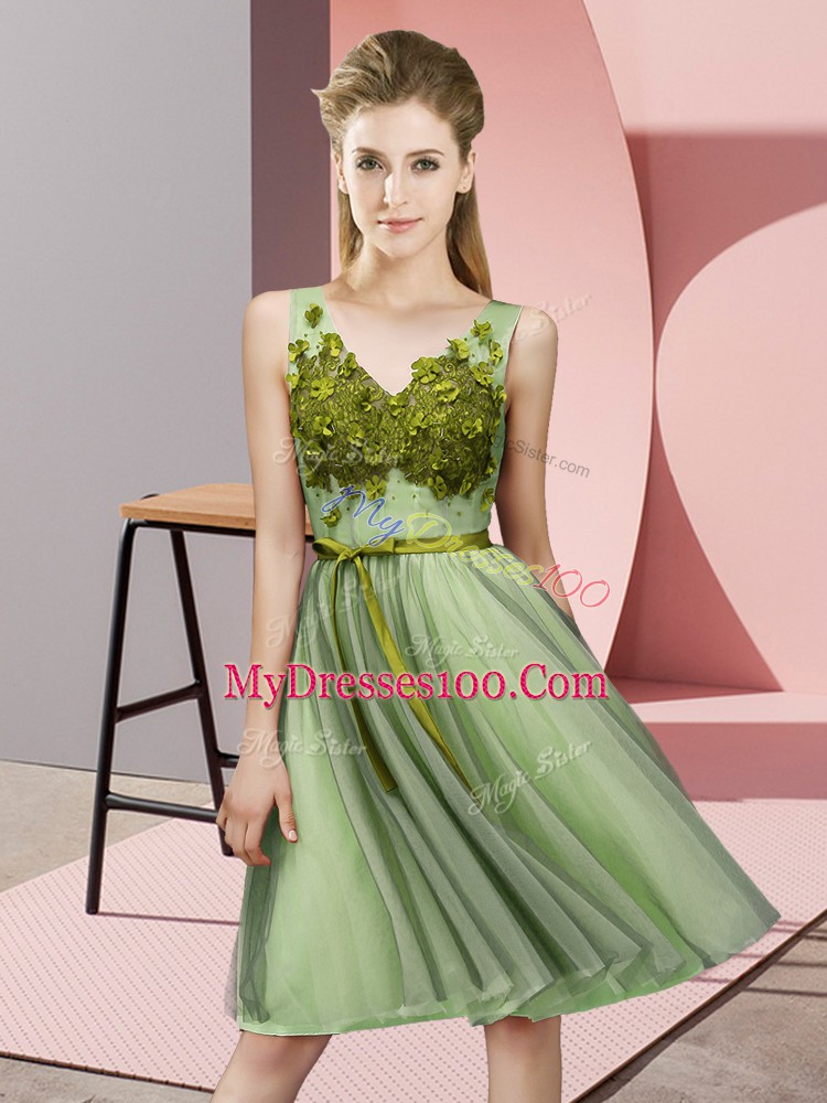 Top Selling V-neck Sleeveless Quinceanera Dama Dress Knee Length Appliques Yellow Green Tulle