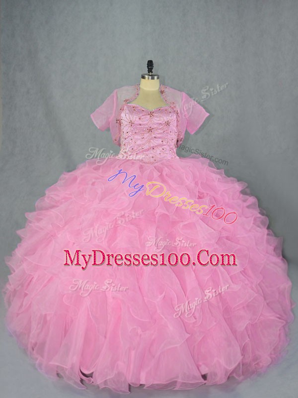 Clearance Ball Gowns Sweet 16 Dresses Baby Pink Sweetheart Organza Sleeveless Floor Length Lace Up