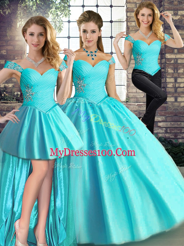 Beading Quinceanera Dress Aqua Blue Lace Up Sleeveless Floor Length