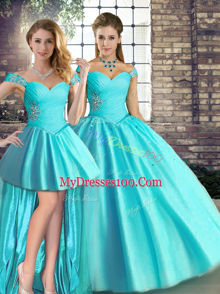 Beading Quinceanera Dress Aqua Blue Lace Up Sleeveless Floor Length