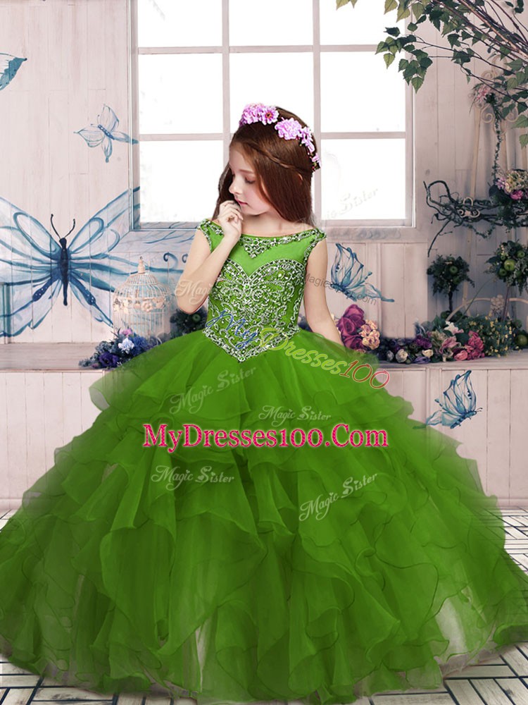 Stunning Olive Green Sleeveless Beading and Ruffles Floor Length Glitz Pageant Dress