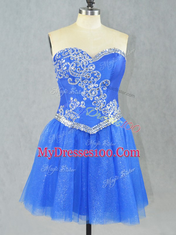 Hot Selling Blue Tulle Lace Up Club Wear Sleeveless Mini Length Beading