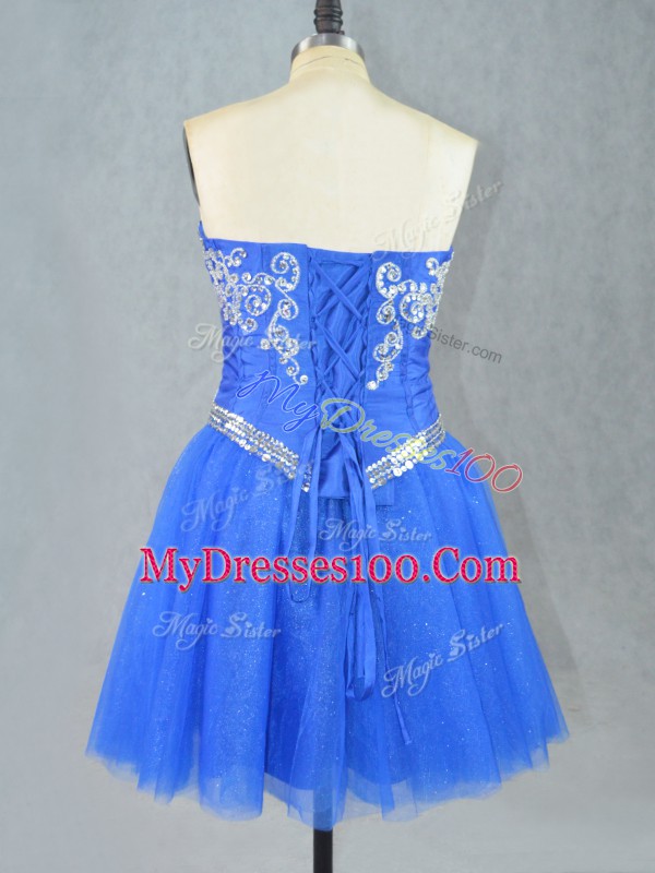 Hot Selling Blue Tulle Lace Up Club Wear Sleeveless Mini Length Beading