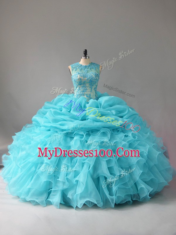 Fitting Sleeveless Organza Floor Length Zipper Sweet 16 Quinceanera Dress in Aqua Blue with Appliques and Ruffles and Pick Ups