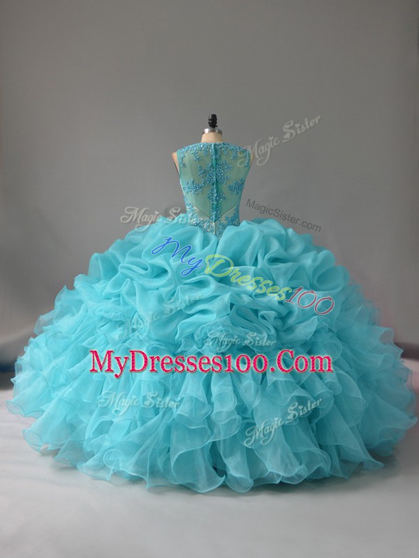 Fitting Sleeveless Organza Floor Length Zipper Sweet 16 Quinceanera Dress in Aqua Blue with Appliques and Ruffles and Pick Ups