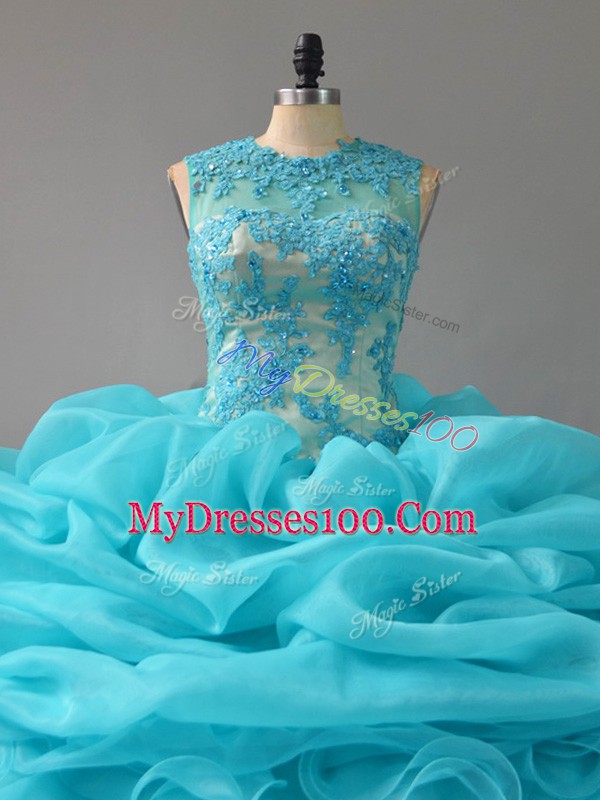 Fitting Sleeveless Organza Floor Length Zipper Sweet 16 Quinceanera Dress in Aqua Blue with Appliques and Ruffles and Pick Ups