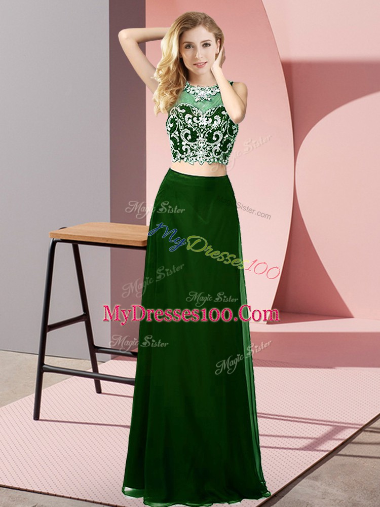 Pretty Dark Green Scoop Neckline Beading Prom Evening Gown Sleeveless Backless