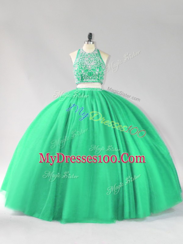 Customized Turquoise Two Pieces Halter Top Sleeveless Tulle Floor Length Backless Beading Quinceanera Gowns