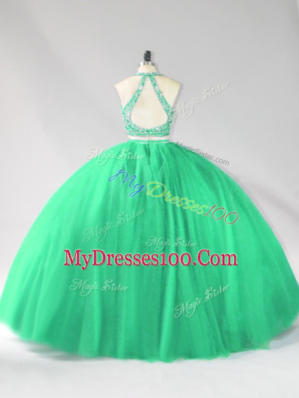 Customized Turquoise Two Pieces Halter Top Sleeveless Tulle Floor Length Backless Beading Quinceanera Gowns