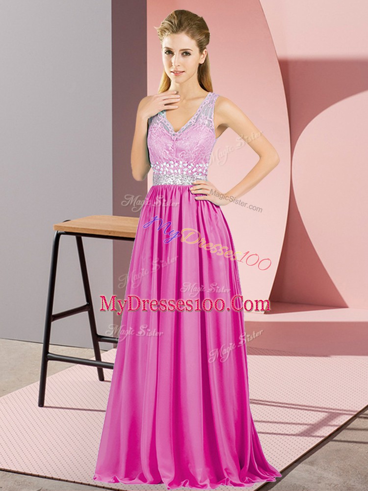 Shining V-neck Sleeveless Beading and Lace Hot Pink Chiffon