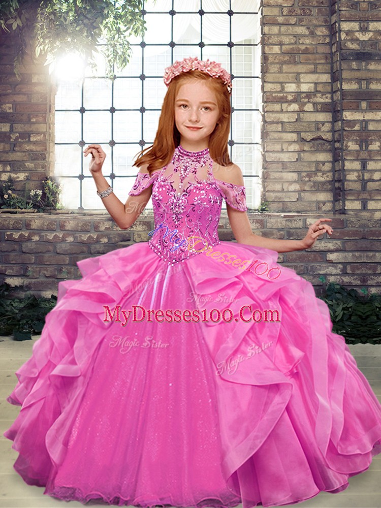 Customized Rose Pink Little Girls Pageant Gowns Party and Wedding Party with Beading and Ruffles High-neck Sleeveless Lace Up