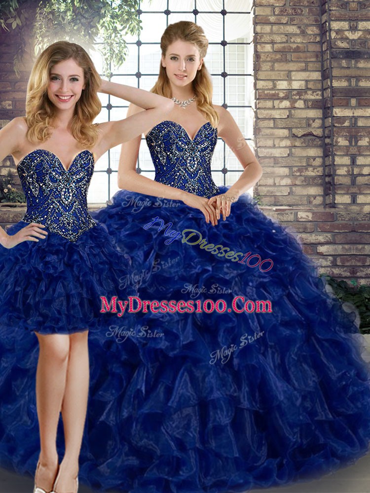 Royal Blue Lace Up 15 Quinceanera Dress Beading and Ruffles Sleeveless Floor Length