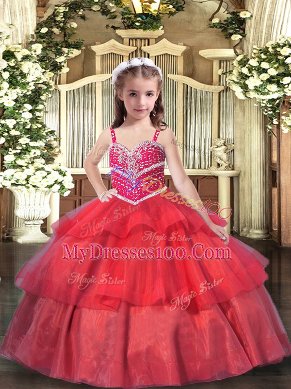 Red Ball Gowns Beading and Ruffled Layers Pageant Dress for Teens Lace Up Organza Sleeveless Floor Length