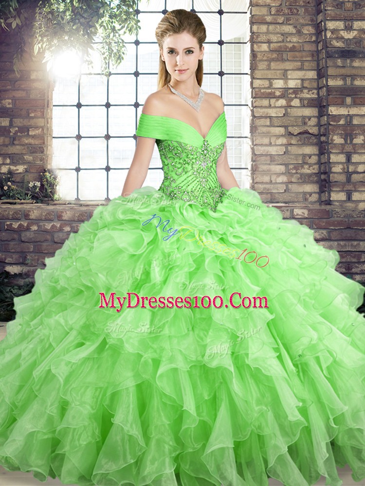 Stylish Quince Ball Gowns Organza Brush Train Sleeveless Beading and Ruffles