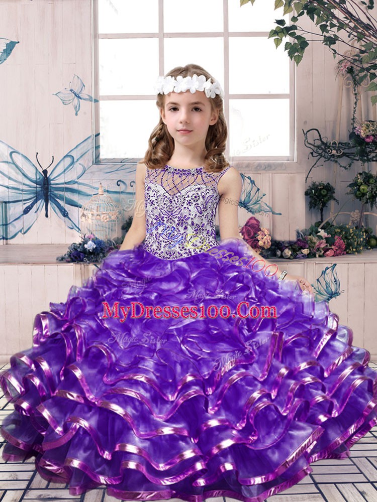 Dramatic Lavender Organza Lace Up Scoop Sleeveless Floor Length Pageant Dress for Teens Beading and Ruffles