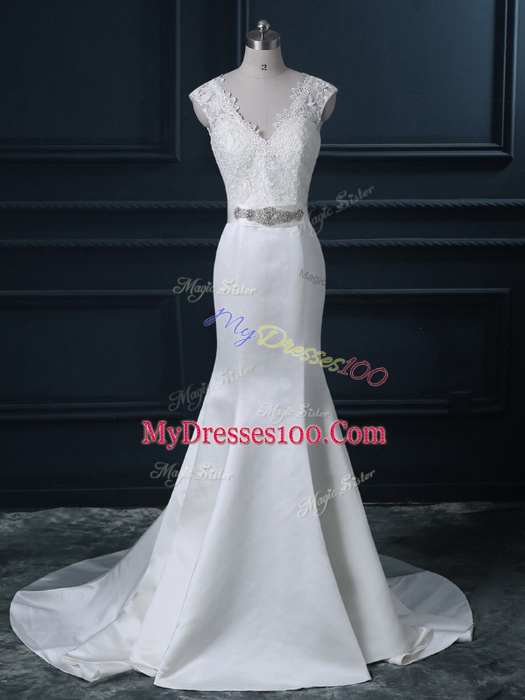 Customized V-neck Sleeveless Wedding Gown Brush Train Beading and Lace White Satin