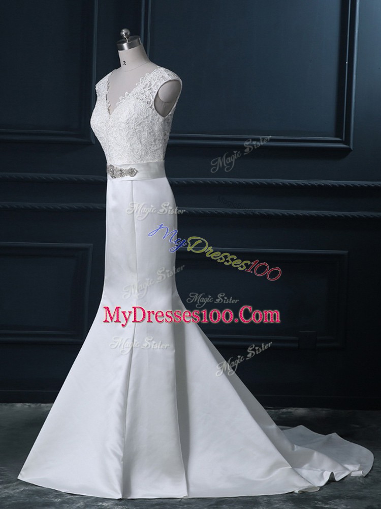 Customized V-neck Sleeveless Wedding Gown Brush Train Beading and Lace White Satin