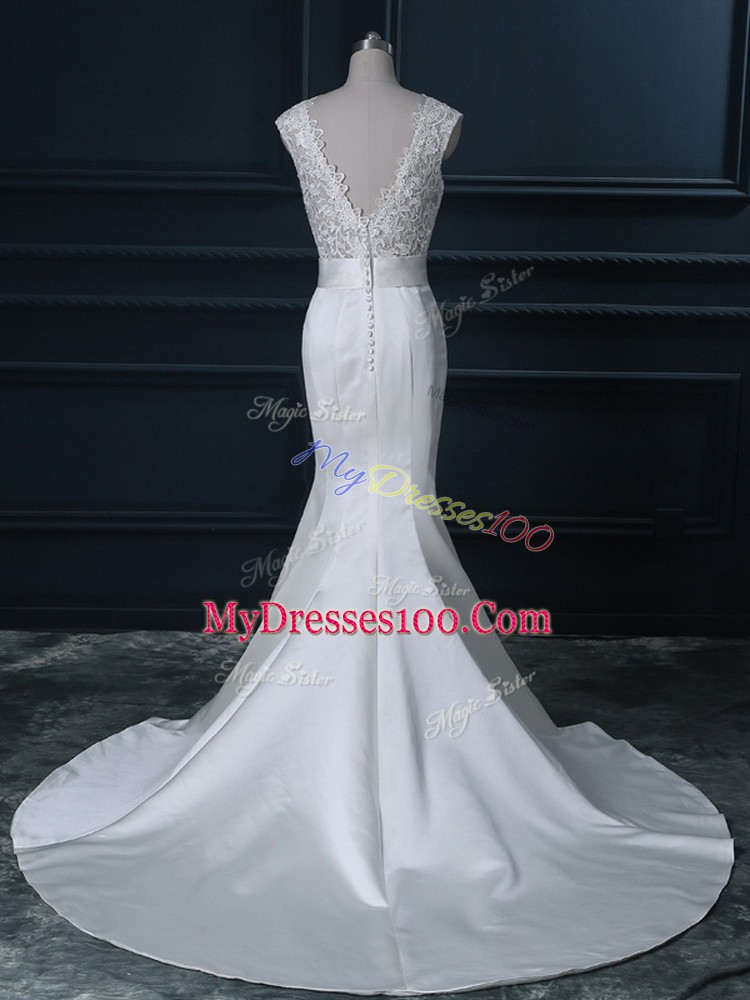 Customized V-neck Sleeveless Wedding Gown Brush Train Beading and Lace White Satin