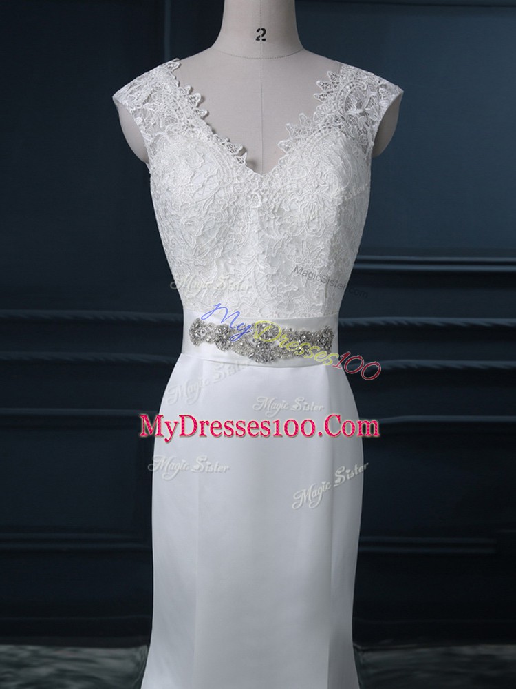 Customized V-neck Sleeveless Wedding Gown Brush Train Beading and Lace White Satin