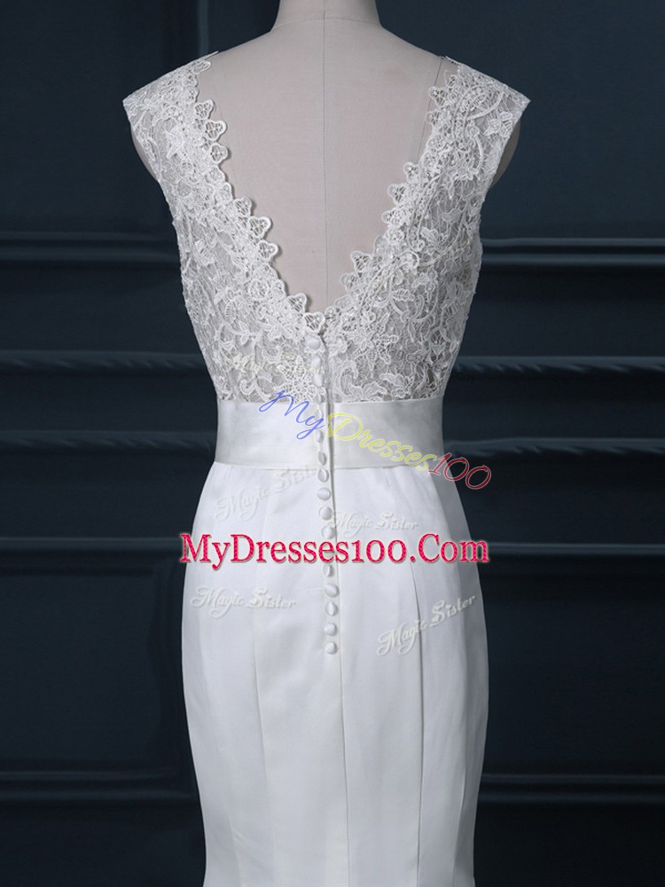 Customized V-neck Sleeveless Wedding Gown Brush Train Beading and Lace White Satin