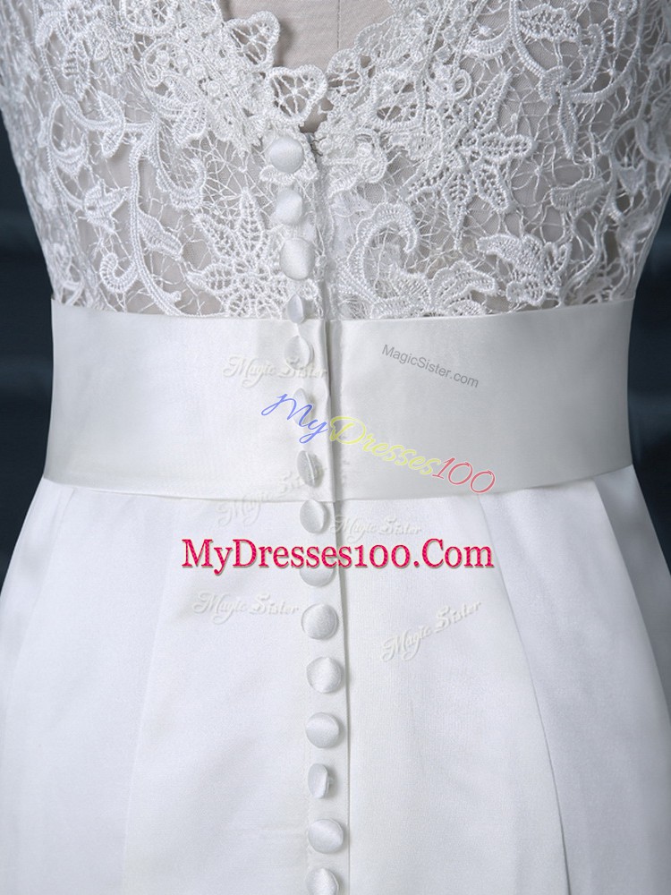 Customized V-neck Sleeveless Wedding Gown Brush Train Beading and Lace White Satin