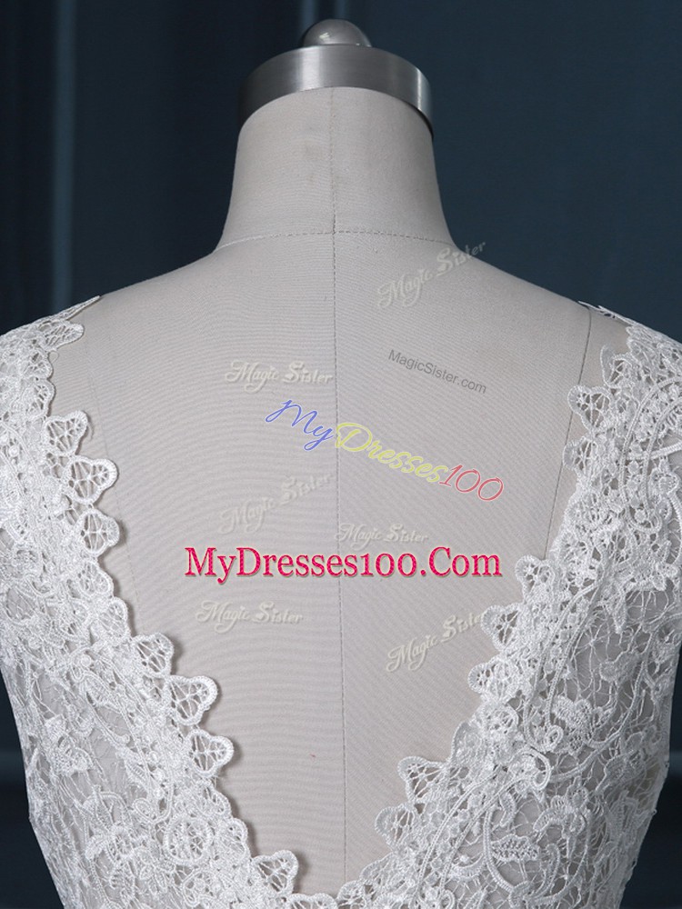 Customized V-neck Sleeveless Wedding Gown Brush Train Beading and Lace White Satin