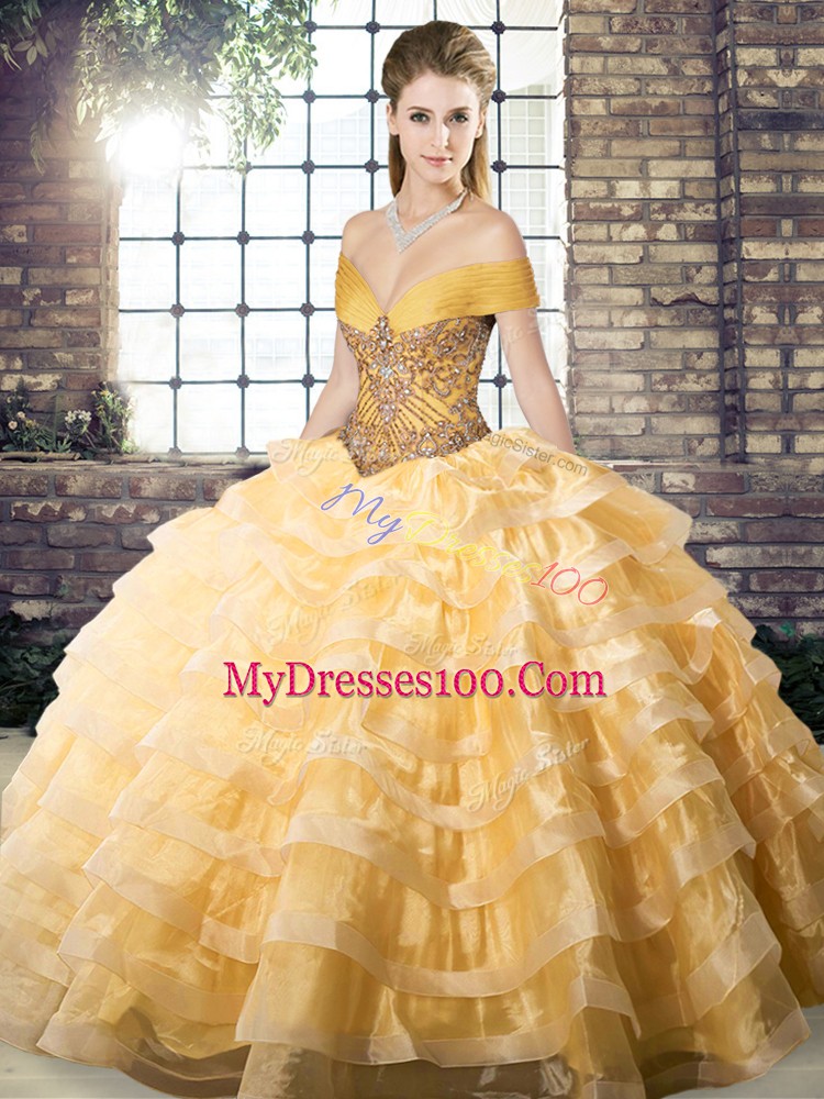 Gold Ball Gowns Off The Shoulder Sleeveless Organza Brush Train Lace Up Beading and Ruffled Layers 15 Quinceanera Dress