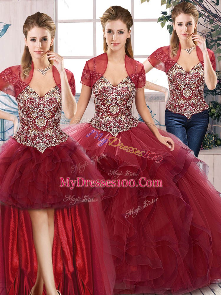 Excellent Burgundy Tulle Lace Up Off The Shoulder Sleeveless Floor Length Vestidos de Quinceanera Beading and Ruffles