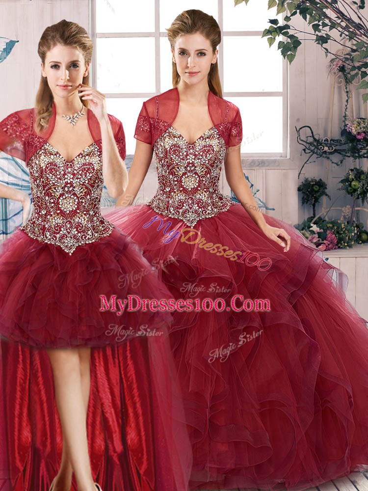 Excellent Burgundy Tulle Lace Up Off The Shoulder Sleeveless Floor Length Vestidos de Quinceanera Beading and Ruffles