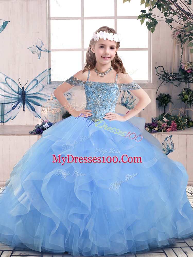 Blue Sleeveless Tulle Lace Up Pageant Dress for Party and Sweet 16 and Wedding Party
