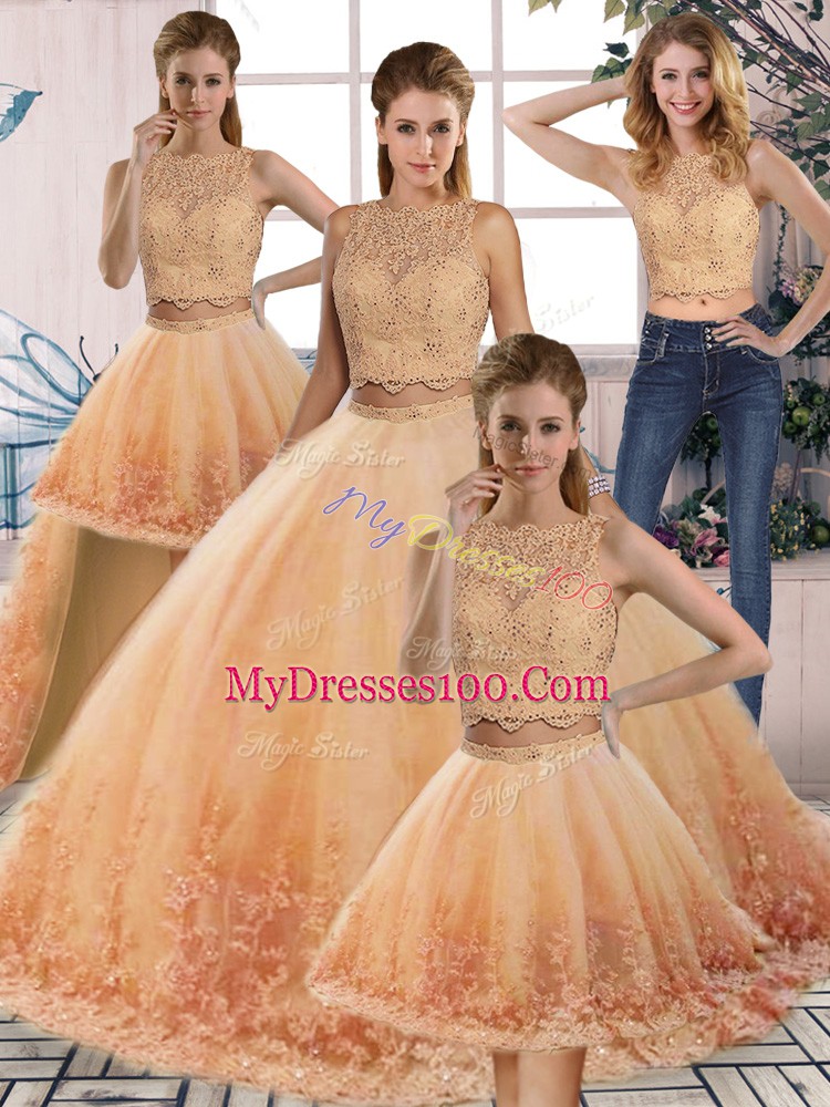 Gold and Peach Sleeveless Tulle Sweep Train Backless Vestidos de Quinceanera for Military Ball and Sweet 16 and Quinceanera