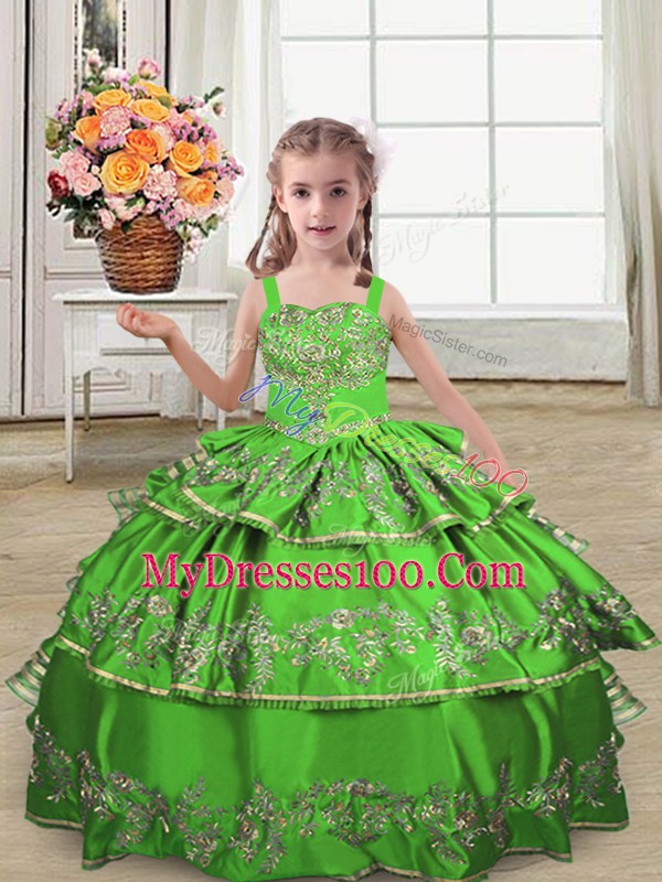 Ball Gowns Little Girl Pageant Gowns Green Straps Satin Sleeveless Floor Length Lace Up