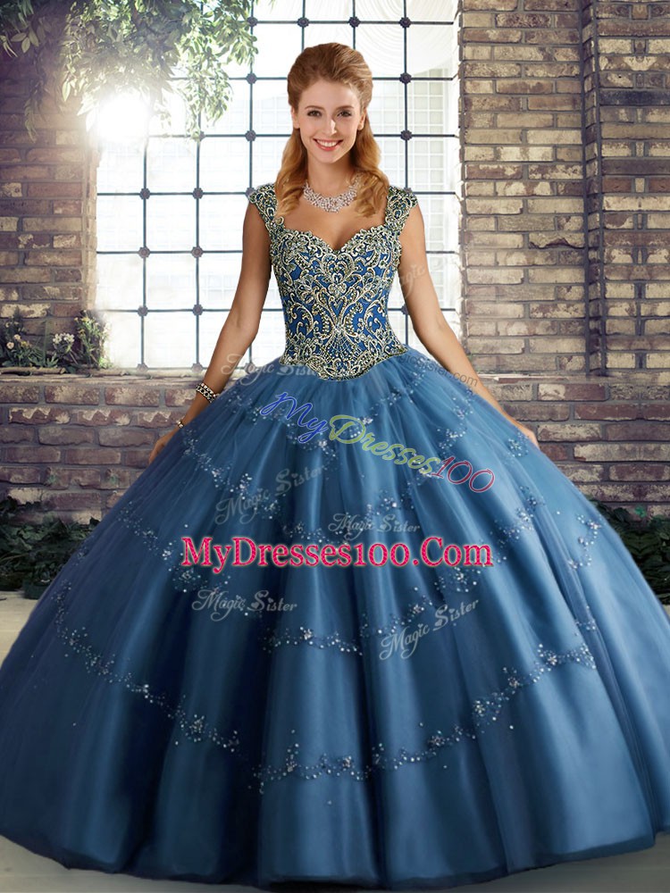 Best Blue Ball Gowns Beading and Appliques Quinceanera Dresses Lace Up Tulle Sleeveless Floor Length