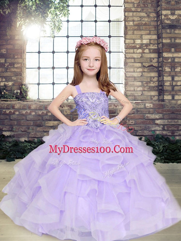 Fantastic Lavender Ball Gowns Tulle Straps Sleeveless Beading and Ruffles Floor Length Lace Up Kids Pageant Dress