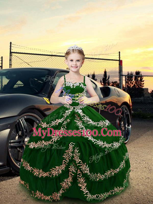 Great Satin Straps Sleeveless Lace Up Embroidery Girls Pageant Dresses in Dark Green