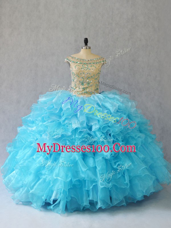 Noble Baby Blue Ball Gowns Organza Off The Shoulder Sleeveless Ruffles Floor Length Lace Up Sweet 16 Quinceanera Dress