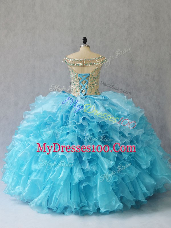 Noble Baby Blue Ball Gowns Organza Off The Shoulder Sleeveless Ruffles Floor Length Lace Up Sweet 16 Quinceanera Dress