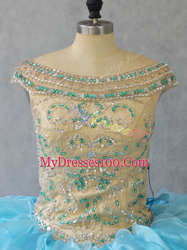 Noble Baby Blue Ball Gowns Organza Off The Shoulder Sleeveless Ruffles Floor Length Lace Up Sweet 16 Quinceanera Dress