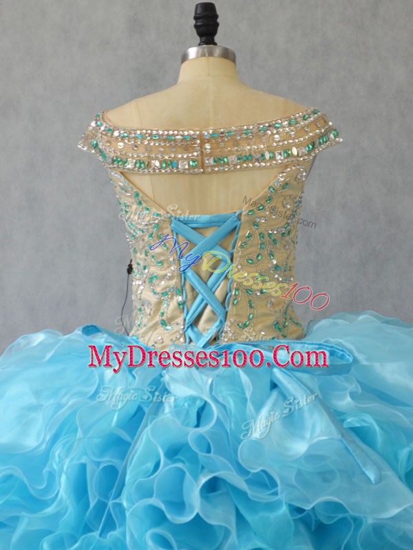 Noble Baby Blue Ball Gowns Organza Off The Shoulder Sleeveless Ruffles Floor Length Lace Up Sweet 16 Quinceanera Dress