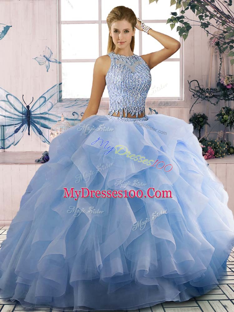 Scoop Sleeveless 15th Birthday Dress Floor Length Beading and Ruffles Blue Tulle