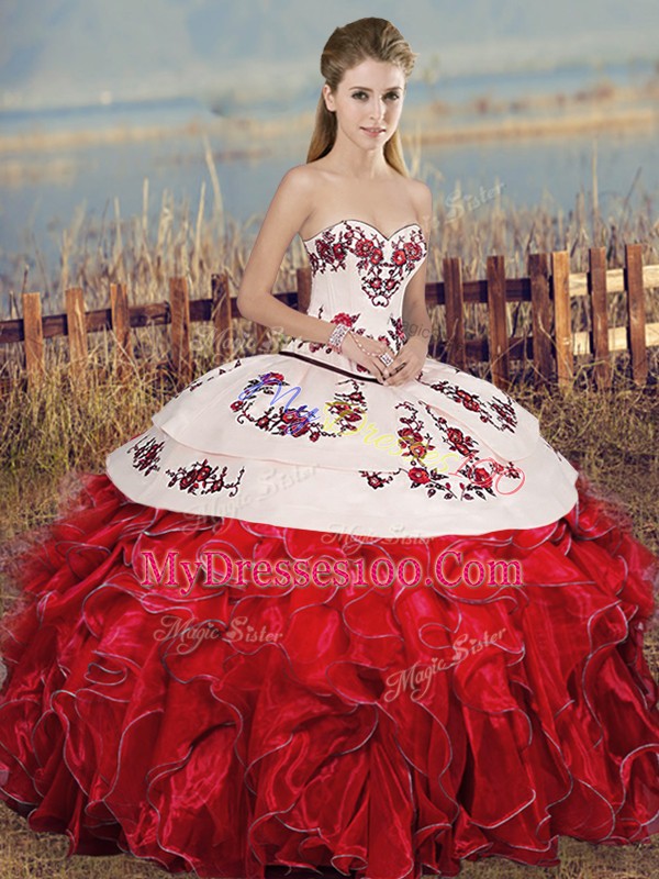 Designer Sweetheart Sleeveless Organza Quince Ball Gowns Embroidery and Ruffles and Bowknot Lace Up