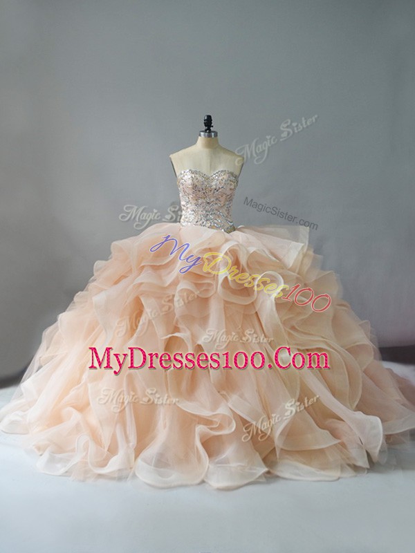 High End Sleeveless Brush Train Lace Up Beading and Ruffles Sweet 16 Dress