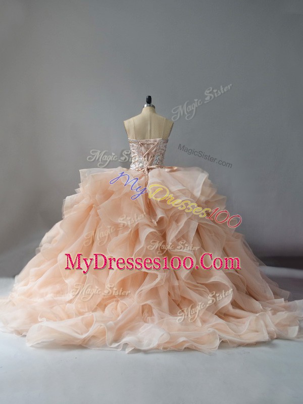High End Sleeveless Brush Train Lace Up Beading and Ruffles Sweet 16 Dress