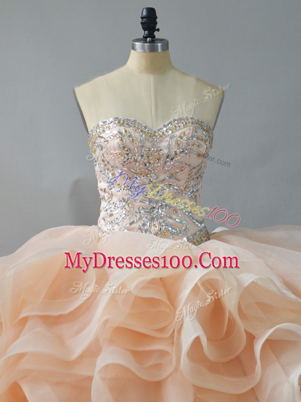 High End Sleeveless Brush Train Lace Up Beading and Ruffles Sweet 16 Dress