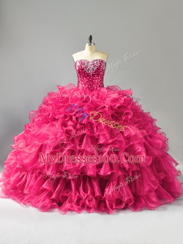 Customized Hot Pink Ball Gowns Sweetheart Sleeveless Organza Floor Length Lace Up Beading and Ruffles Quinceanera Gown