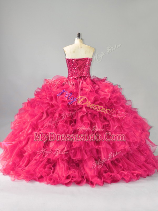 Customized Hot Pink Ball Gowns Sweetheart Sleeveless Organza Floor Length Lace Up Beading and Ruffles Quinceanera Gown